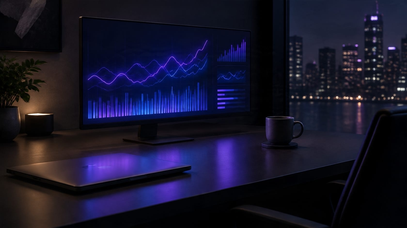 A dark desk at night with a monitor showing abstract violet line and bar charts
