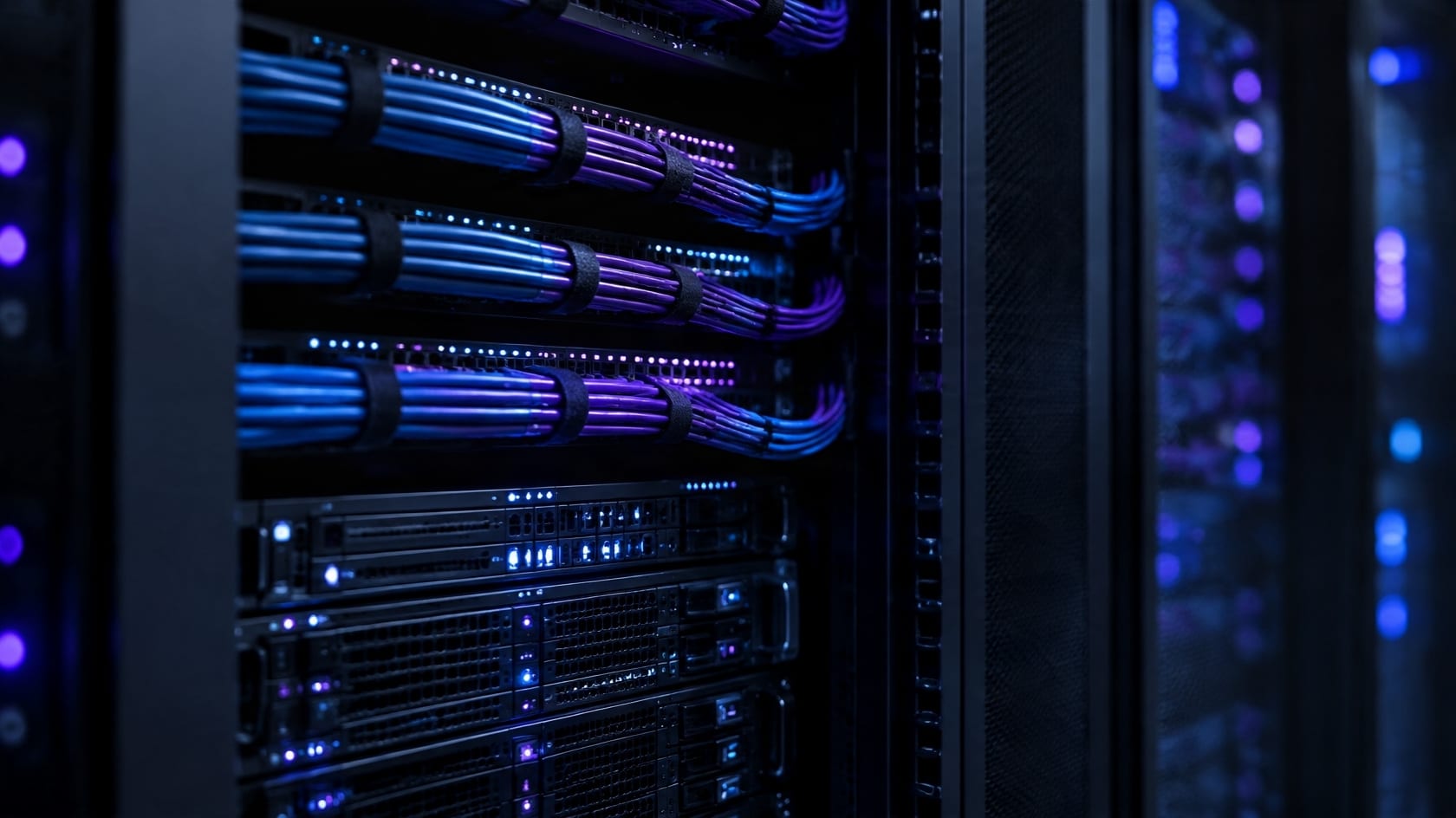Server racks with bundled cables and violet and blue indicator lights